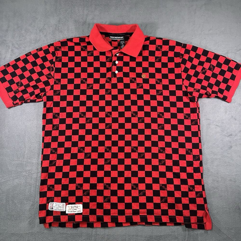 Y2K Rocawear Checkerboard Polo Shirt Red Black Men’s XL Hip Hop